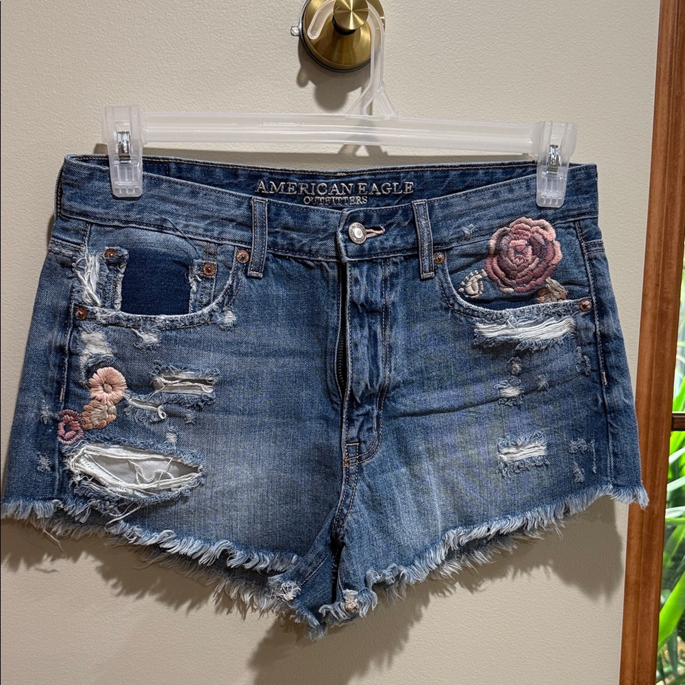 American Eagle Outfitters Blue Floral Embroidered Jean Shorts